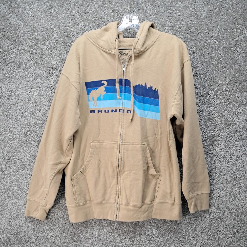 Ford Bronco Mens Tan Graphic Full Zip Hoodie Sweatshirt Large Retro Logo‎